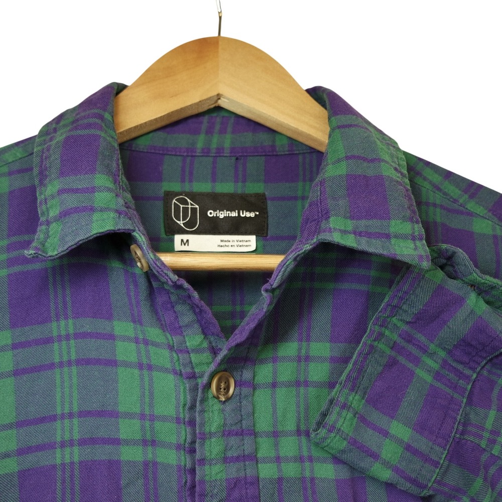 Original Use Mens Plaid Flannel Shirt Purple Green Button Size M 100% Cotton
